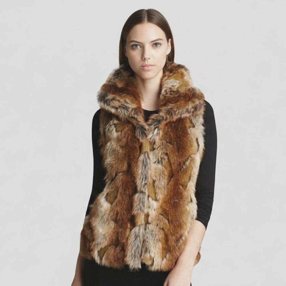 AQUA Bloomingdale’s Faux Fur Vest Jacket Brown Tan Multi Shag Small Boho
